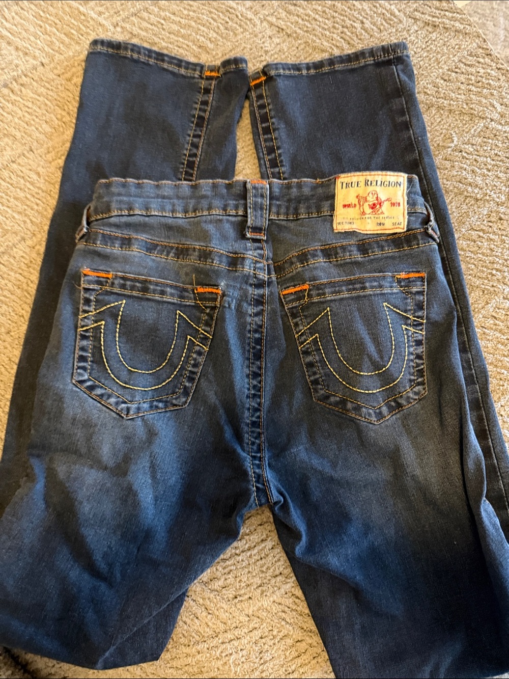 True Religion Blue Denim Jeans with Yellow Stitching and Orange Accents - Picture 7 of 7